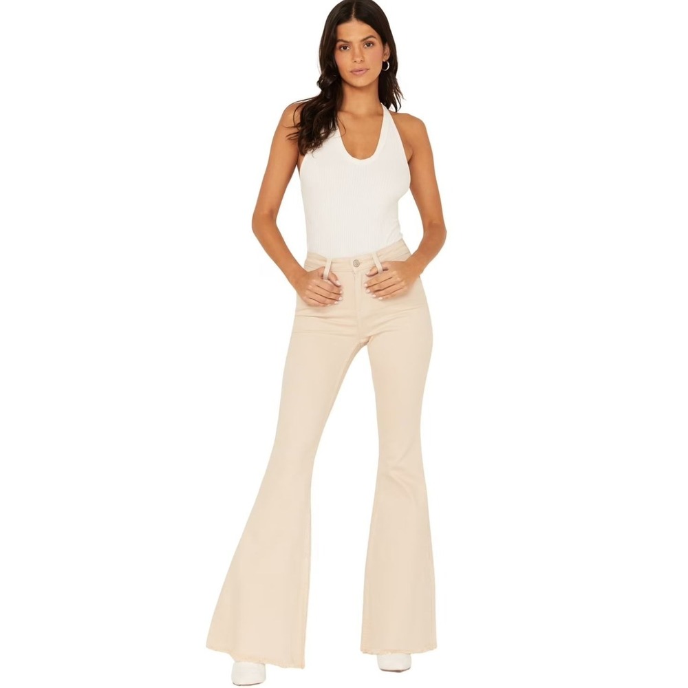 SHYANNE Cream/Ivory Western Country High Rise Stretch Flare Jeans Frayed Hem SIZ